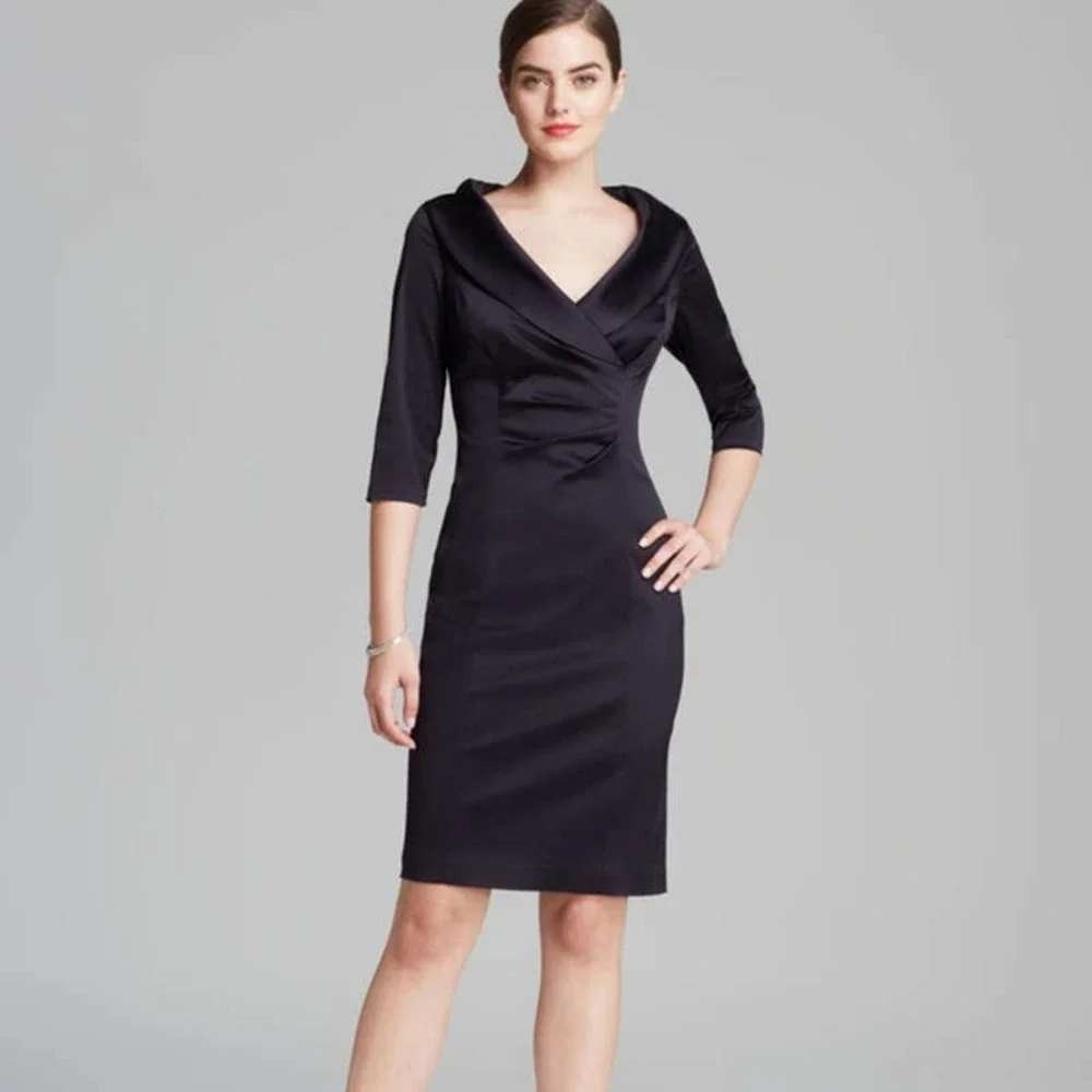 Kay Unger Sheath Dress Womens 4 Black Portrait Collar Ruched 3/4 Sleeve LBD